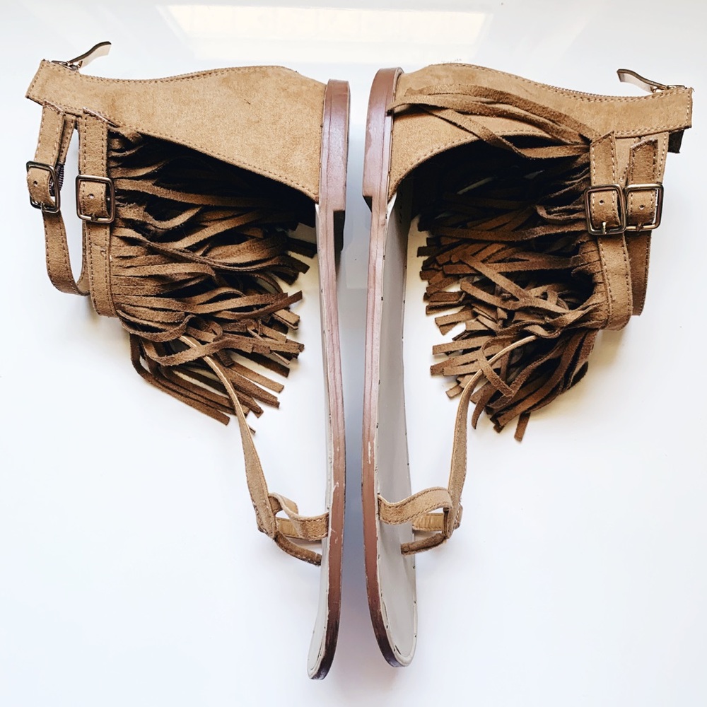 JustFab Brown Flat Fringe Ankle Sandal